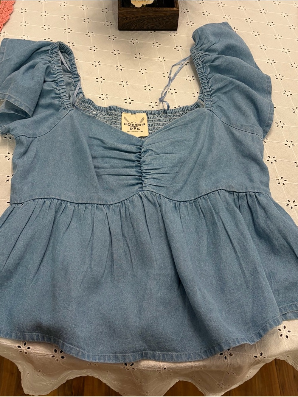 Cotton Rye Light Blue Ruched Peasant Blouse - Women's Top